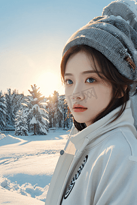 阳光照射下的年轻女性雪景肖像图1照片