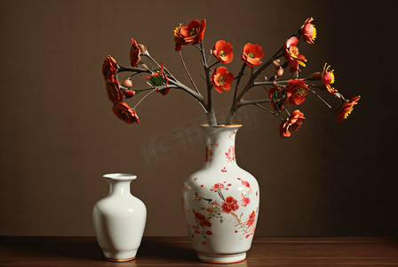 国风陶瓷摄影照片_中国风陶瓷花瓶插花图片7