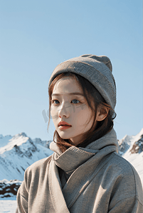 暖冬风景摄影照片_阳光照射下的年轻女性雪景肖像图7高清图片