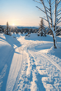 暖冬风景摄影照片_阳光下的冬季户外树木积雪图片
