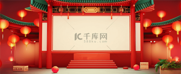 红年货背景图片_红绿配色中式年货节电商展台背景图片