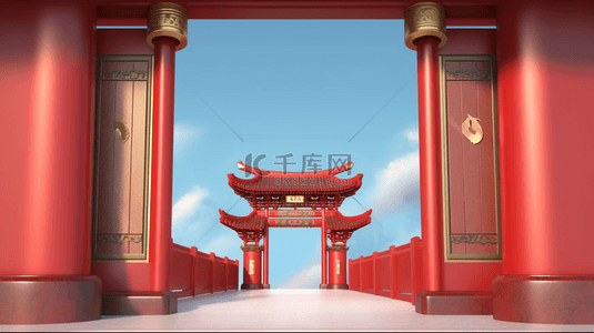 中国风国潮建筑背景图片_国风年货节立体中式门楼建筑背景素材