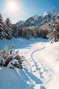 暖冬风景摄影照片_阳光下的冬季户外树木积雪图1照片