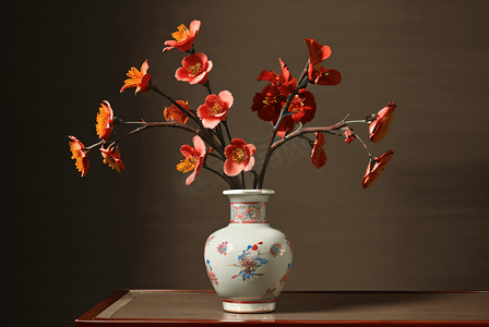 复古中国风陶瓷花瓶里的花朵摄影图4
