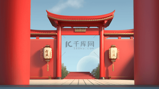 中国风国潮建筑背景图片_国风年货节立体中式门楼建筑背景