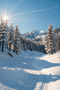 冬季户外积雪树木风景图摄影照片