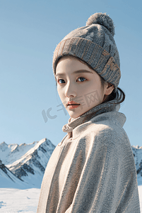 阳光照射下的年轻女性雪景肖像图8摄影配图