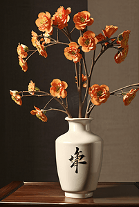 中插画摄影照片_中国风陶瓷花瓶插着花朵摄影图片3