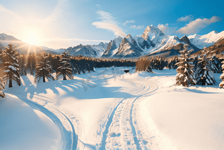 冬日暖阳下的山脉雪景图5高清摄影图