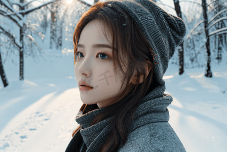 年轻女性雪景肖像图1高清图片