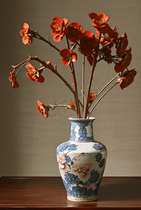 中插画摄影照片_中国风陶瓷花瓶插着花朵摄影图