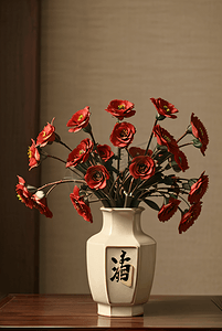 中国风陶瓷花瓶插着花朵摄影图3