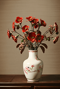 中国风陶瓷花瓶插着花朵摄影照片4