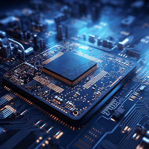深蓝色背景上的电路板上的Ai计算芯片组概念、人工智能工作数据和未来的未来数字
