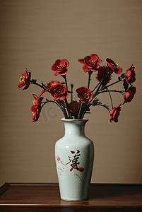 中国风陶瓷花瓶插着花朵摄影图5