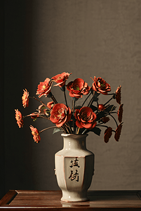 插在复古陶瓷花瓶里的花朵摄影图9
