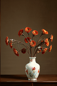中插画摄影照片_插在复古陶瓷花瓶里的花朵摄影图3