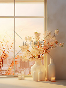 窗边花瓶和鲜花背景图片
