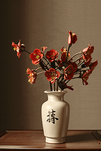 中国风陶瓷花瓶插着花朵摄影照片10