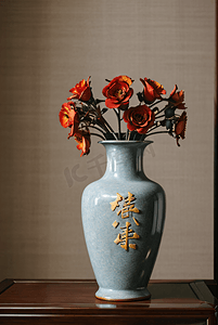 中国风陶瓷花瓶插着花朵摄影图片4