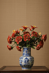 中国风陶瓷花瓶插着花朵摄影配图10
