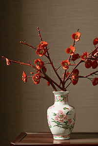 中国风陶瓷花瓶插着花朵摄影配图7