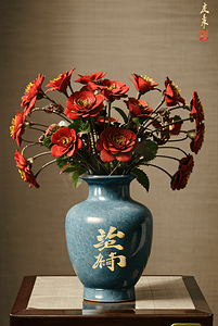 中国风陶瓷花瓶插着花朵摄影配图2