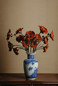 中国风陶瓷花瓶插着花朵摄影照片9