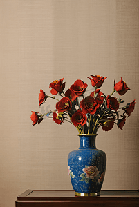 中国风陶瓷花瓶插着花朵摄影照片5