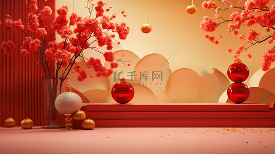 春节红色3d背景图片_新年场景3D渲染红色背景
