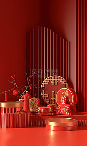 红色春节背景背景图片_新年产品展台装饰素材