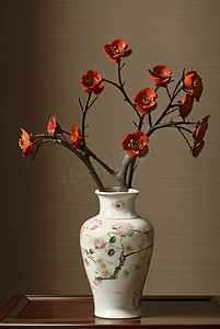 中国风陶瓷花瓶插着花朵摄影照片7