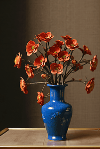 中插画摄影照片_中国风陶瓷花瓶插着花朵摄影照片8