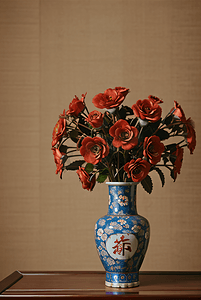 中国风陶瓷花瓶插着花朵摄影图片2