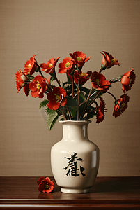 插在复古陶瓷花瓶里的花朵摄影图