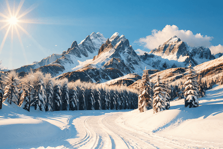 阳光照射下的高山雪景图摄影配图