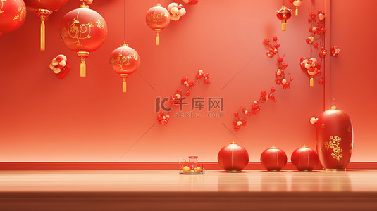 红色背景场景背景图片_新年场景3D渲染红色背景