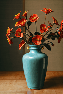 中国风陶瓷花瓶插着花朵摄影照片6