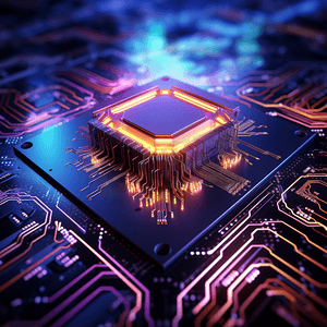 AI人工智能3d渲染计算机主板芯片与AI标志和发光电路背景中央计算机处理器CPU AI机器学习概念