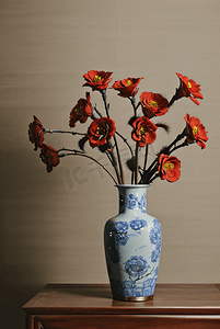 中国风陶瓷花瓶插着花朵摄影照片