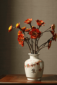 插在复古陶瓷花瓶里的花朵摄影图片
