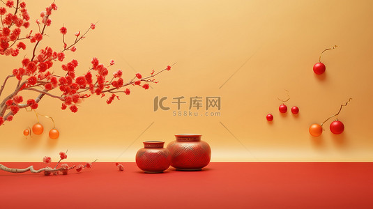 春节红色3d背景图片_新年场景3D渲染红色背景