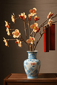 中国风陶瓷花瓶插着花朵摄影图4