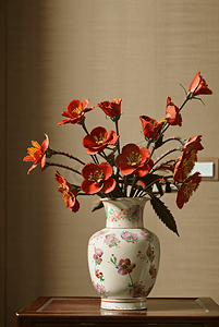中国风云纹插画摄影照片_陶瓷花瓶里插着美丽的鲜花摄影图9