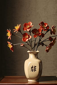 陶瓷花瓶里插着美丽的鲜花摄影图