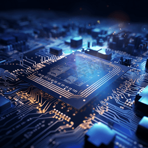 芯片组摄影照片_深蓝色背景上的电路板上的Ai计算芯片组概念、人工智能工作数据和未来的未来数字
