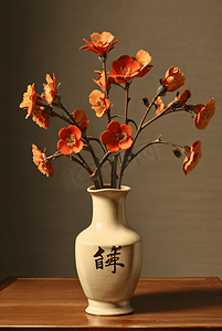 插在复古陶瓷花瓶里的花朵摄影配图