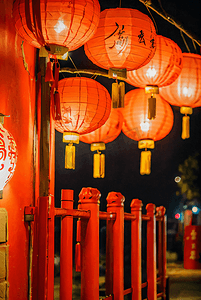 春节街道挂着红灯笼夜景摄影配图5
