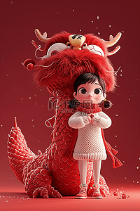 可爱红色新年背景图片_新年龙年3d立体卡通毛毡插画设计