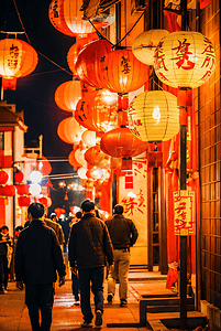 春节街道挂着红灯笼夜景摄影图7